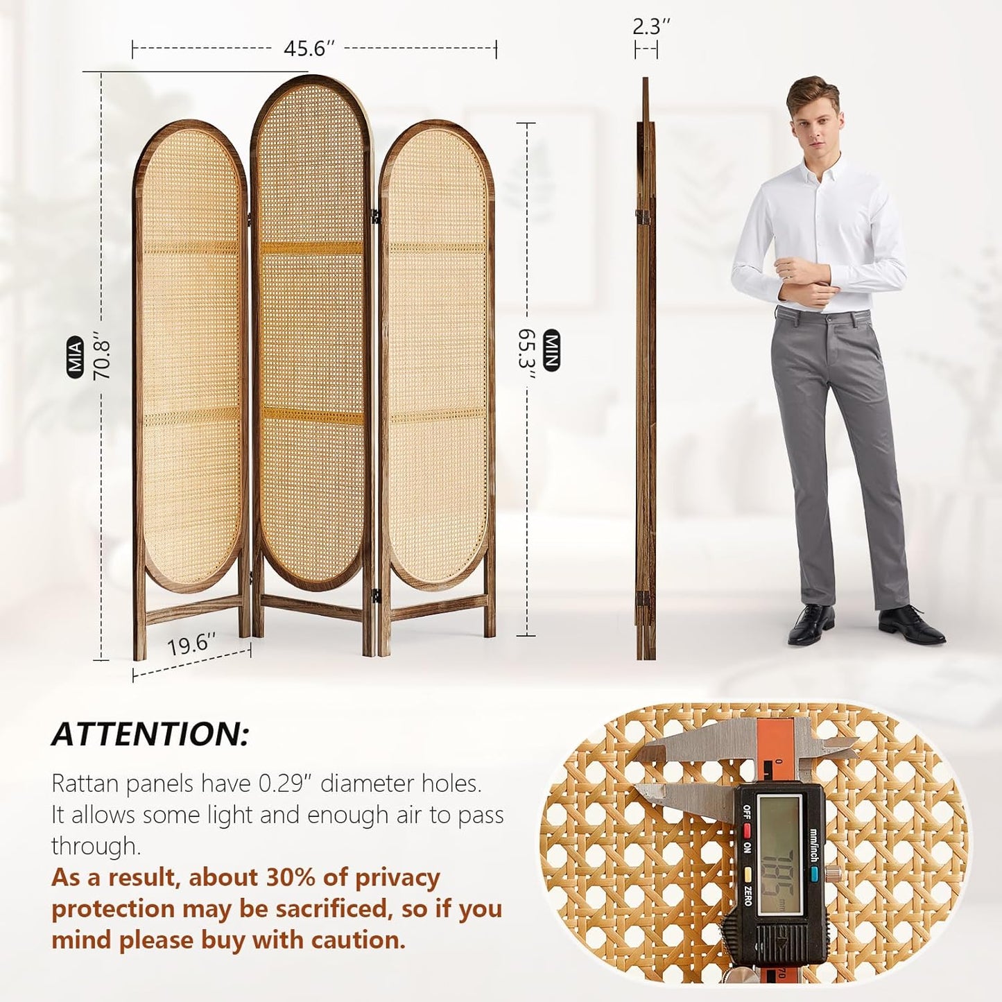 5.9 Ft Tall Hand-Woven Rattan Room Divider 3 Panels, Wood Room Divider Panel, Folding Screen Divider Wall, Wall Divider for Room Separation, Folding Privacy Screen, Home Office - Brown