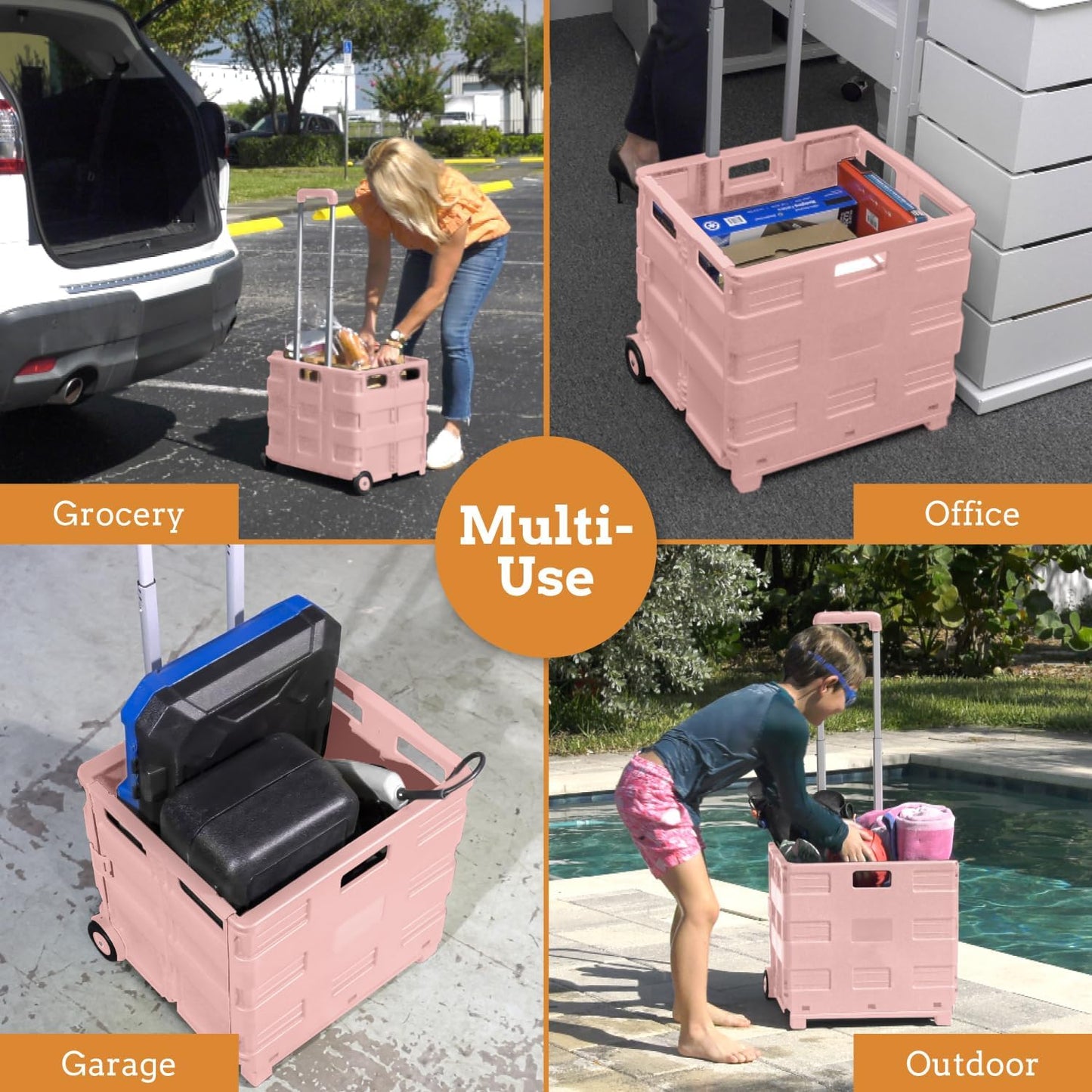 Inspired Living Ultra-Slim Rolling Collapsible Storage Pack-N-Roll Utility-carts, with Telescopic Handle, for Home, Garden, Shopping, Office, School use, Large, Raspberry Pink