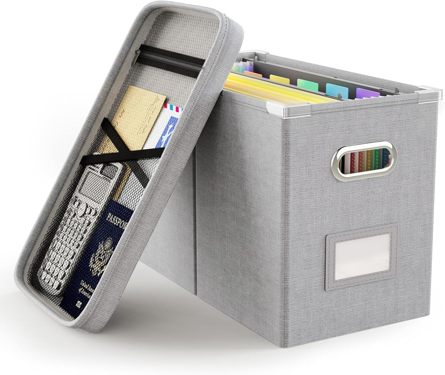 Oterri File Organizer with Lid, Hanging Filing Box with Mesh Pocket, Document Organizer for Letter Files, Portable Storage Box with Smooth Sliding Rail for Office & Home (1 PCS, Light Grey)
