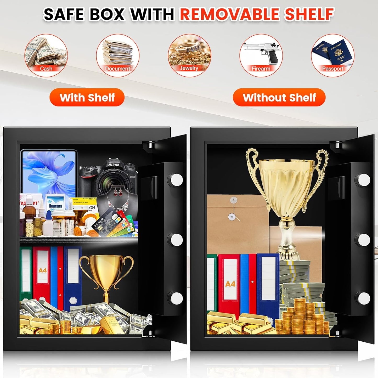 1.6 Cuft Biometric Safe Box, Fire Proof Safe For Home Documents with Fingerprint Lock, Combination Keypad Keys, Anti-Theft Dual Alert, Mute Mode, Digital Security Personal Safes for Money Jewelry