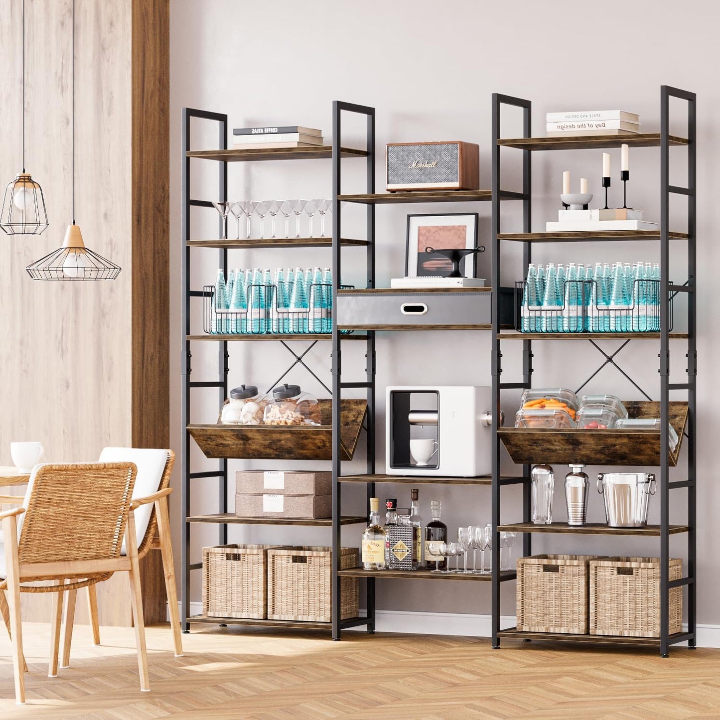 NUMENN Bookcases and Bookshelves Triple Wide 6 Tier Bookshelf, Large Etagere Bookshelf with Storage Drawer, Adjustable Open Display Shelves for Living Room Bedroom Home Office, Vintage