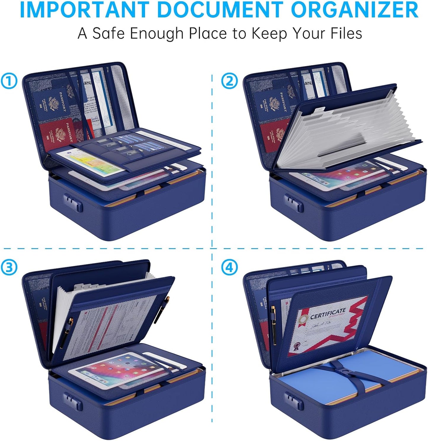 ENGPOW 5200℉ Fireproof File Organizer Bag with 13 Pocket Accordion File Folder,Document Organizer Box with Lock&Labels,Multi-Layer Portable Home Travel Safe Storage Box for Important Documents,Blue