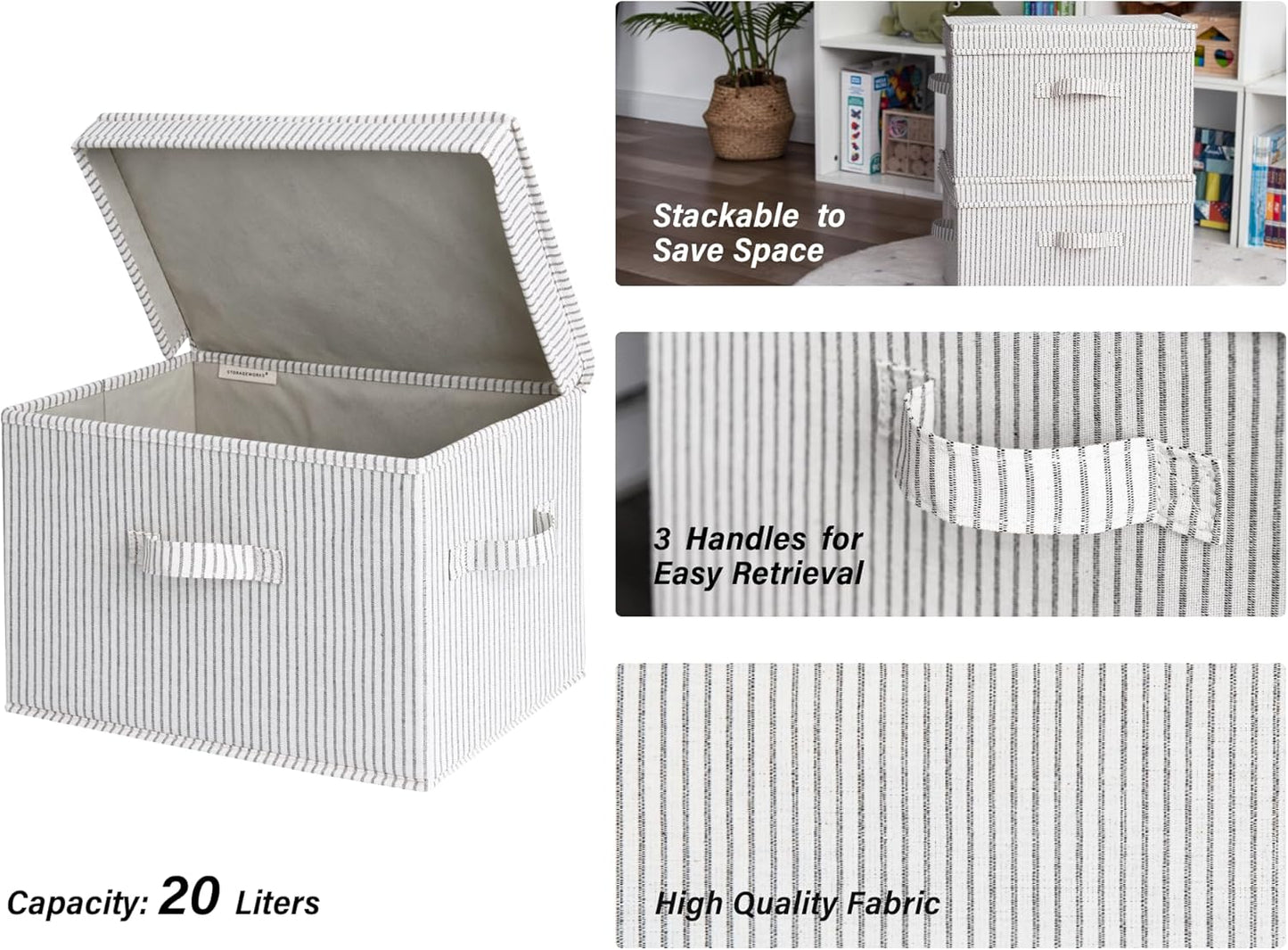 StorageWorks Fabric Storage Bins with Lid, Decorative Storage Boxes for Shelves, Stackable Closet Organizer Basket with Handles, Large, Gray and White Stripes, 2-Pack