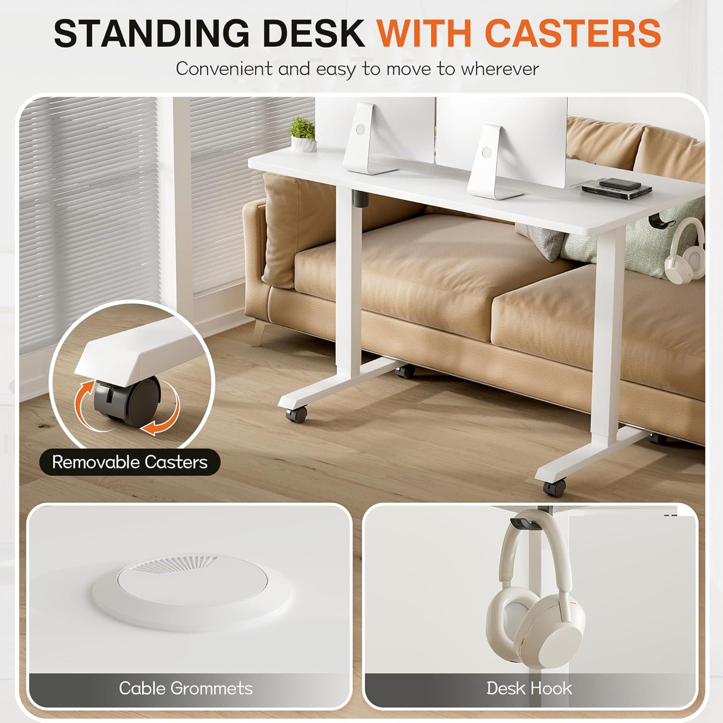 Furmax Electric Standing Desk, 47 x 24 Inches Height Adjustable Desk with Removable Casters, Home Office Computer Desk (White)