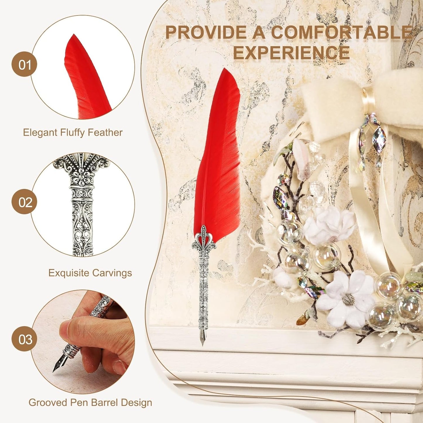 PATIKIL 26.5cm/10.4" Calligraphy Feather Quill Pen, Vintage Feather Dip Pen with 5 Replacement Nibs for Calligraphy Writing Wedding Office Gifts, Red