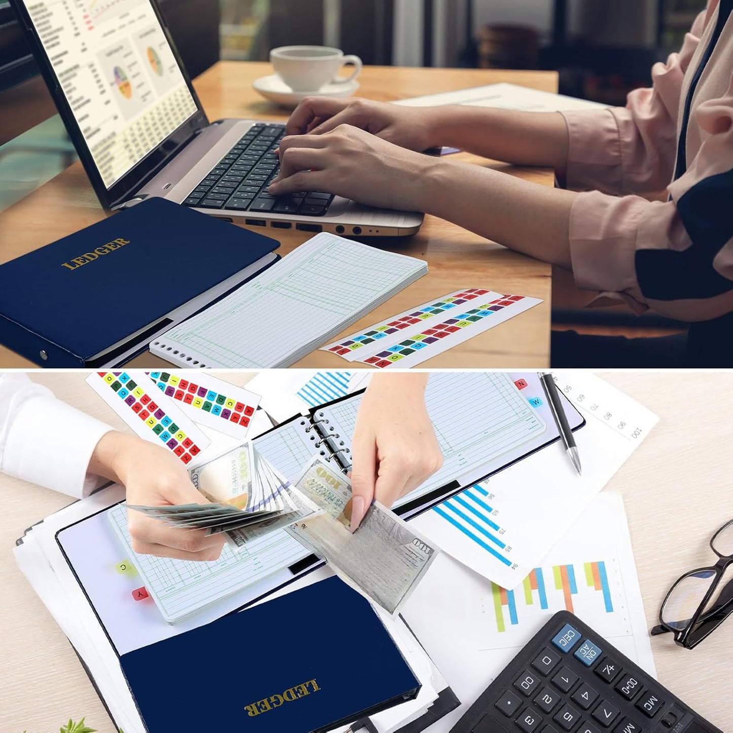 Ring Ledger Binder with 200 Pcs 5"x8.5" Ledger Sheets Small Index Tabs for Bookkeeping Accounting Business with Debit Credit Balance Columns(Blue Cover, White Sheets)