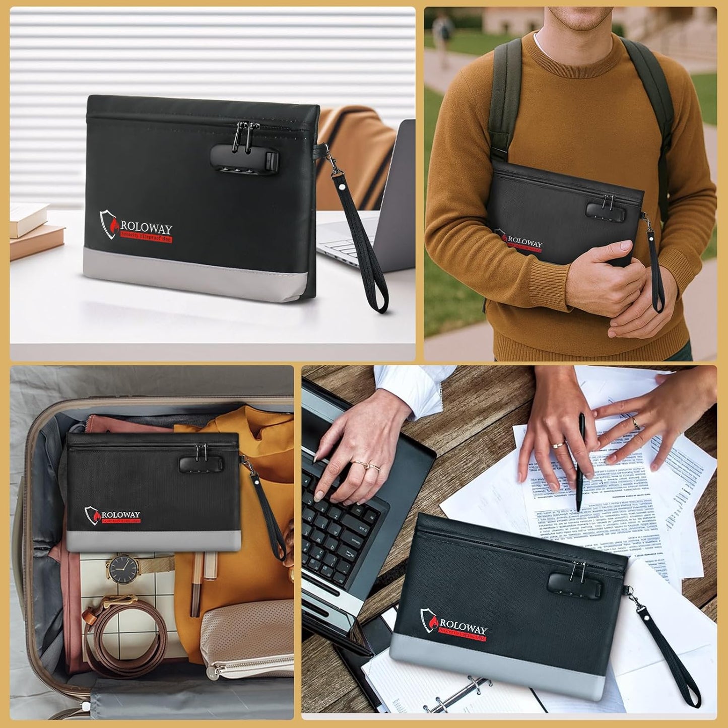 ROLOWAY Fireproof Money Bag with Lock for Cash, 6400°F Fire Proof Document Bag (12.2 x 8.5 x 1.6 inches), Money Pouch with Zipper (Black)