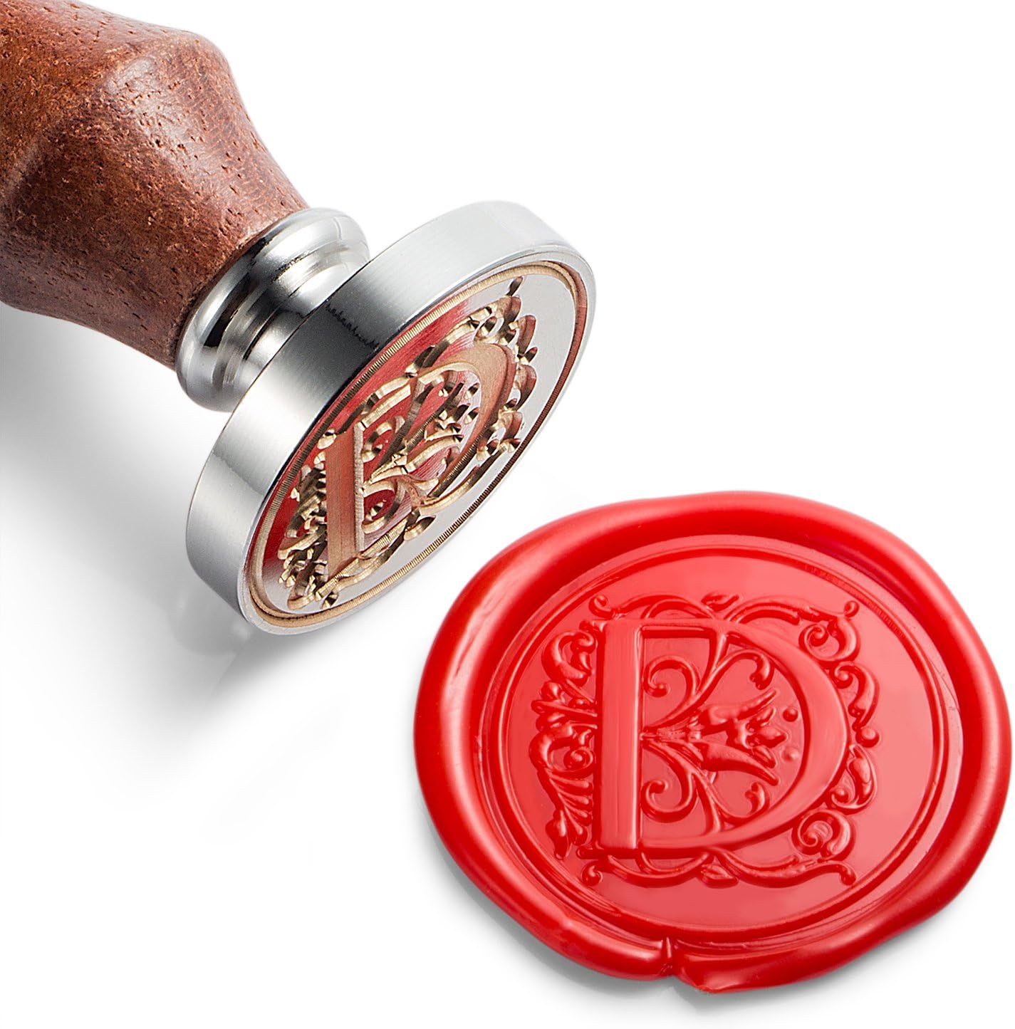 Mceal Wax Seal Stamp, Large Seal 1 1/5"(30mm) Dia, Silver Brass Head with Wooden Handle, Regal Letter A to Z Series (Letter D)