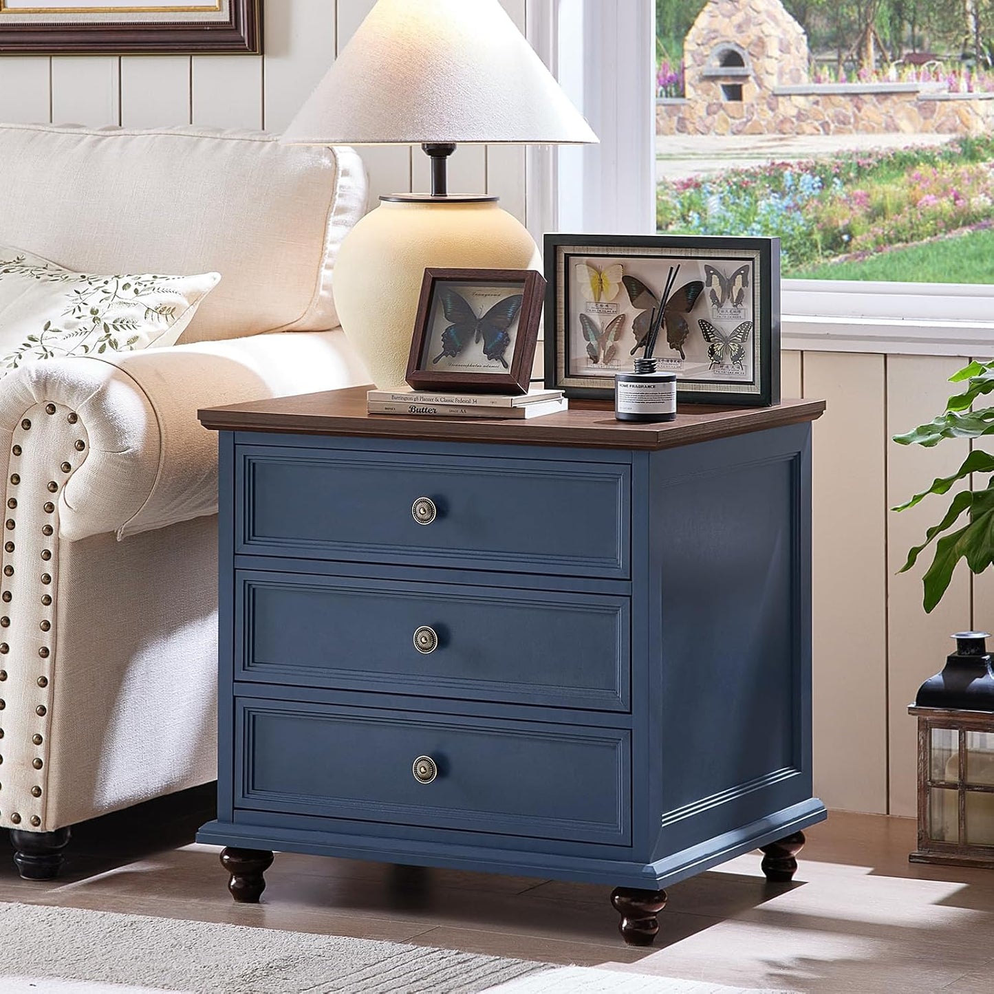24" Wide Farmhouse Night Stand Set of 2,Large End Table with 3 Drawers & Metal Handle,Blue Wood Dresser for Bedroom Cabinet, Bed Side Table Chest of Drawers,Nightstand for Living Room,Closet
