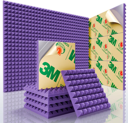 Sonicism Sound Proof Foam Panels for Walls Self-Adhesive Pyramid 12 Pack 12" X 12" X 1" Acoustic Panels Fast Expand 35kg/m³High Density Soundproof Wall Panels,Sound Absorption & Decoration(Purple)