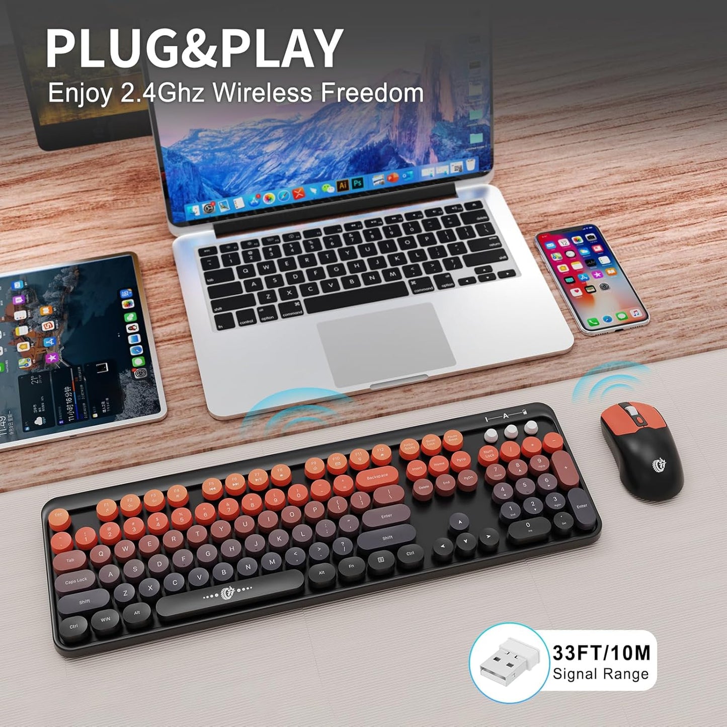 Wireless Keyboard and Mouse Combo, 2.4 GHz Full-Sized Typewriter Keyboard and Mouse Wireless with Round Keycaps for Windows, Computer, Desktop, PC, Laptop (Black Orange)