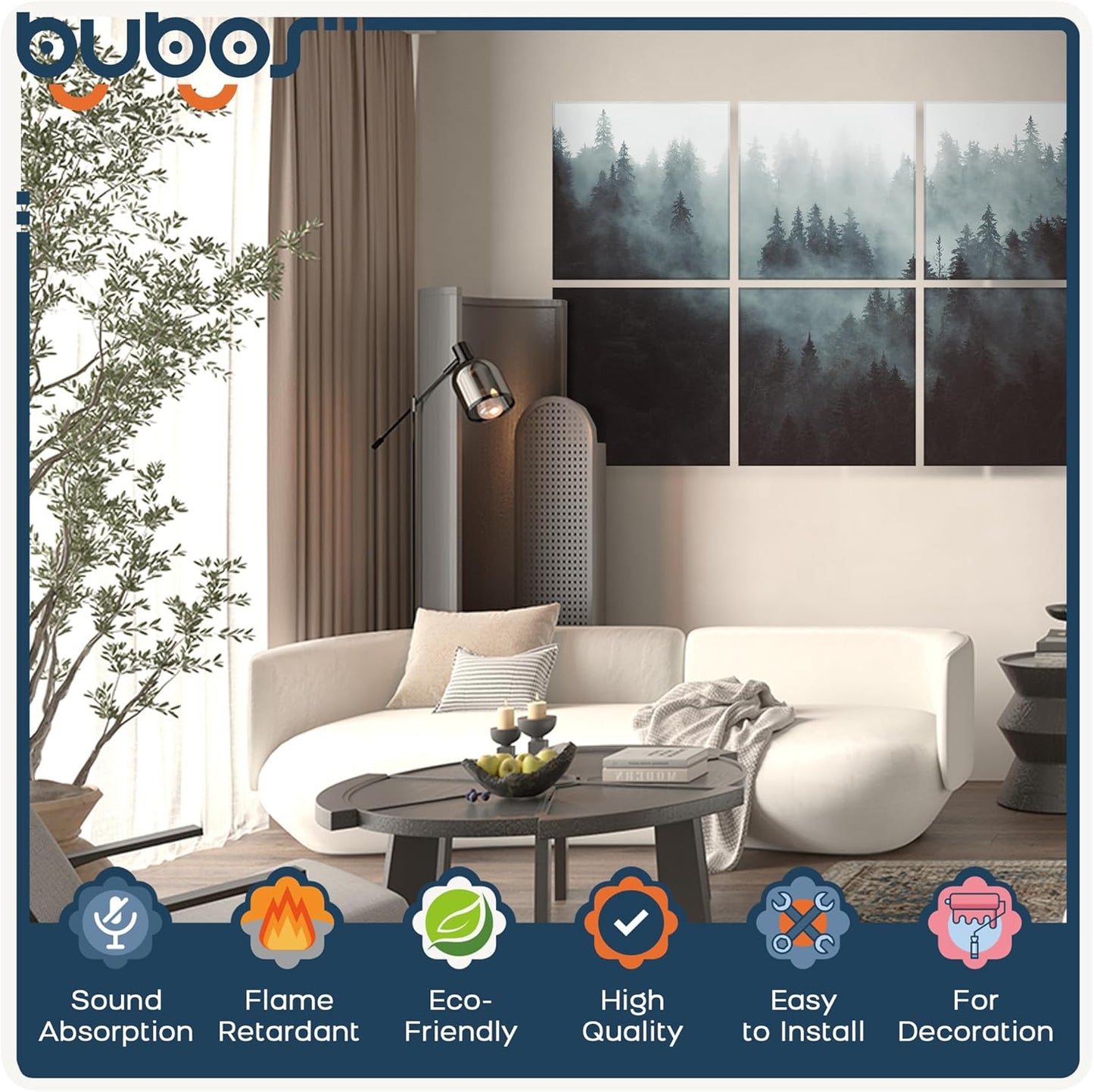 BUBOS 6 Pack Art Acoustic Panels Soundproof Wall Panel,70.8X47.2 Inches Large Sound Absorbing Panel,Self-adhesive Decorative Acoustical Wall Panels, Acoustic Treatment for Home Office（Foggy Forest）