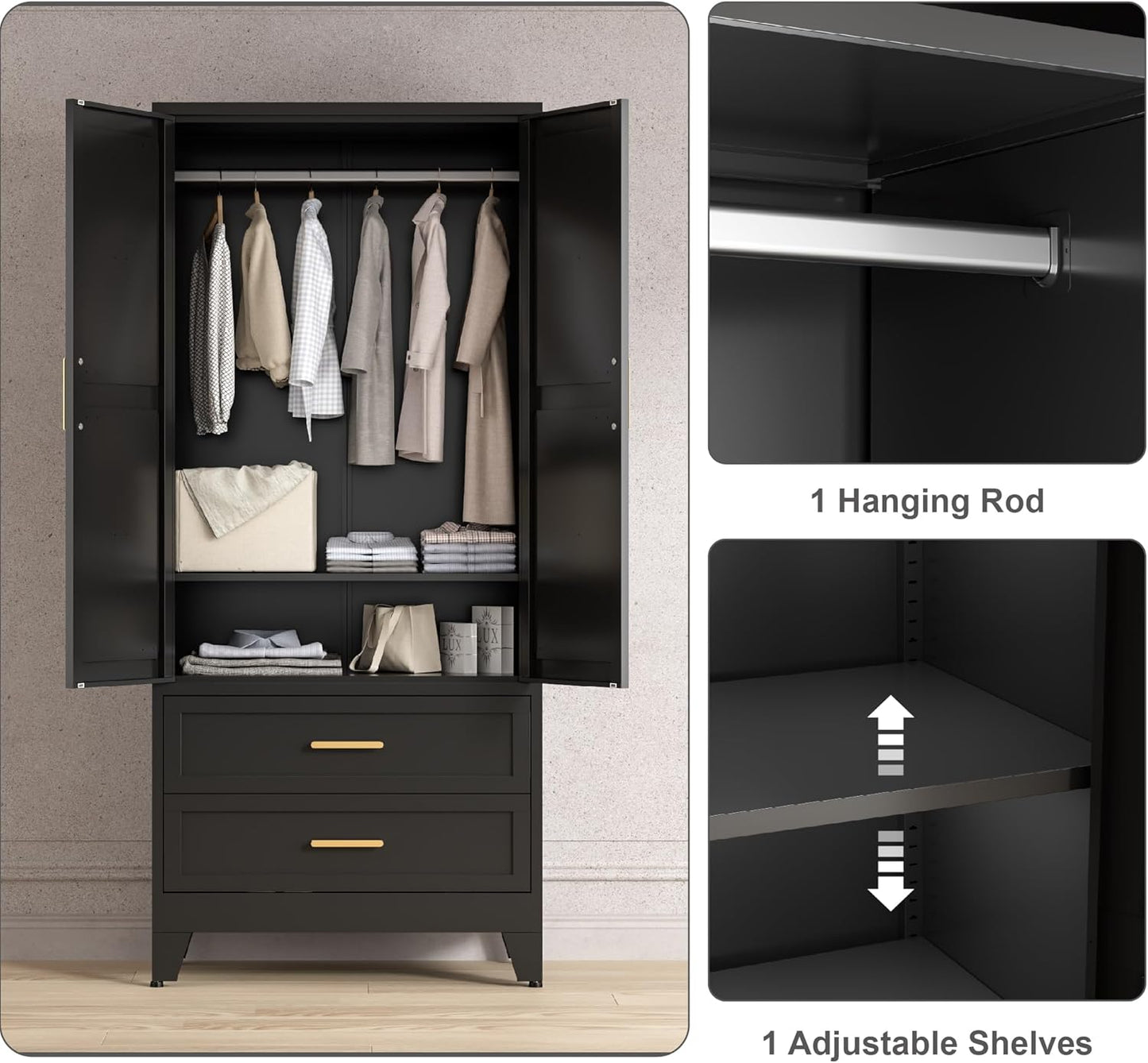 71'' Farmhouse Metal Wardrobe Cabinet with Hanging Rod, 2 Barn Door Wardrobe Closet with Adjustable Shelves,2 Drawer,for Dining Room,Bedroom,Living Room, Cloak Room,Office (Black)