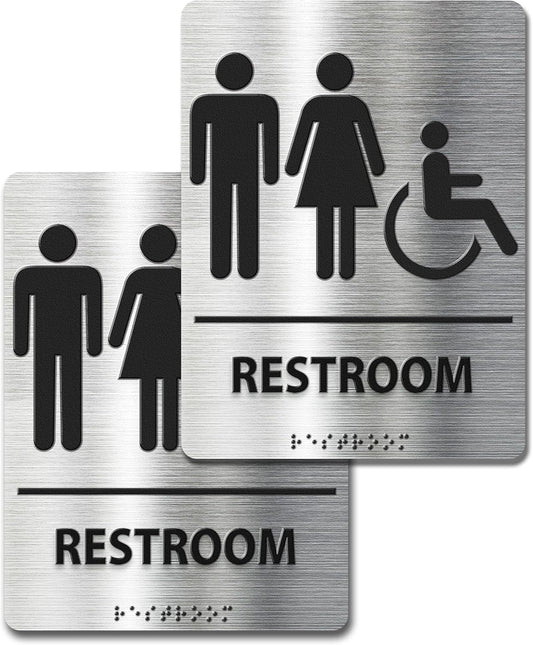 ADA-Mark Modern Restroom Sign for Business -2PK ADA Compliant Braille Bathroom Sign with Easy Installation - 6" W x 8" H