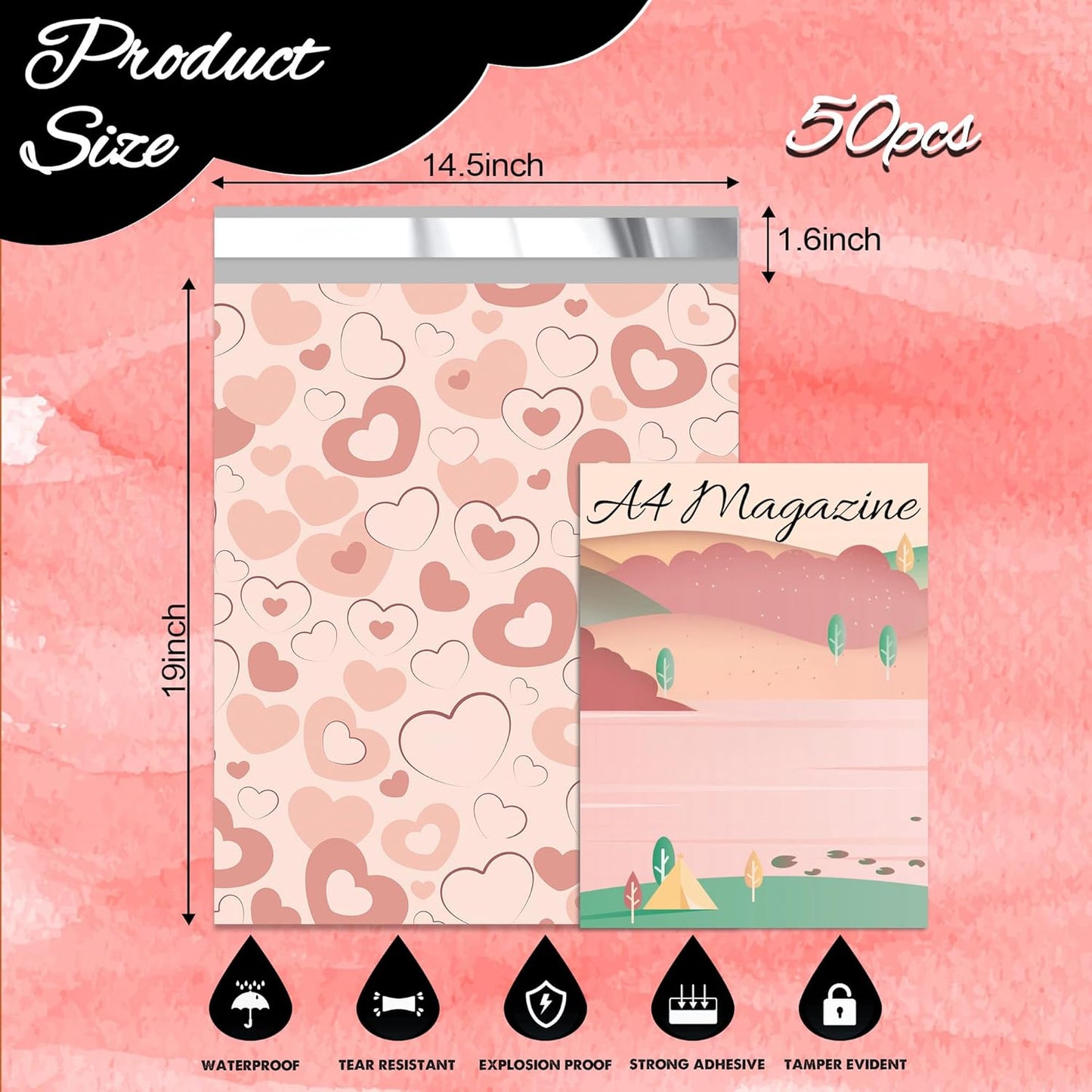 Pink Heart Poly Mailer 14.5x19 Inch 50 Pcs, Waterproof Shipping Bags for Clothing, Tear-Resistant Mailier Bags, Strong Mailing Bags with Self-Seal
