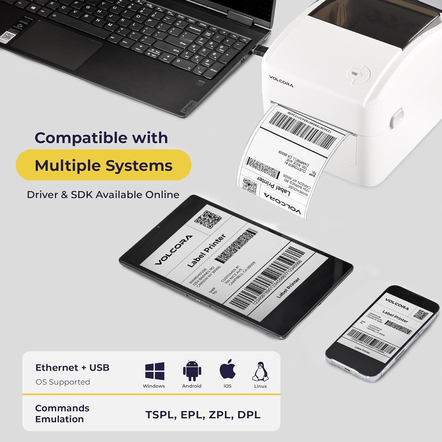 Volcora Thermal Label Printer with Ethernet/USB - Desktop 4x6 Shipping Label Printer, Compatible with Windows, Linux, Mac - Ideal for Small Business, Inkless Printer for Shipping Packages (White)