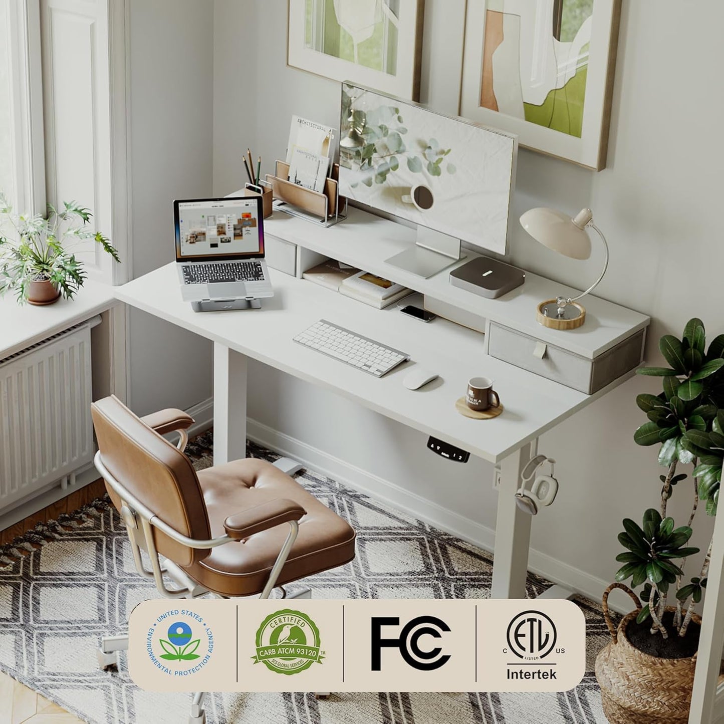 Agilestic 63 x 24 Inches Electric Standing Desk with 2 Storage Drawers, Stand Up Desk Adjustable Height, Sit and Stand Computer Table with Splice Board, White