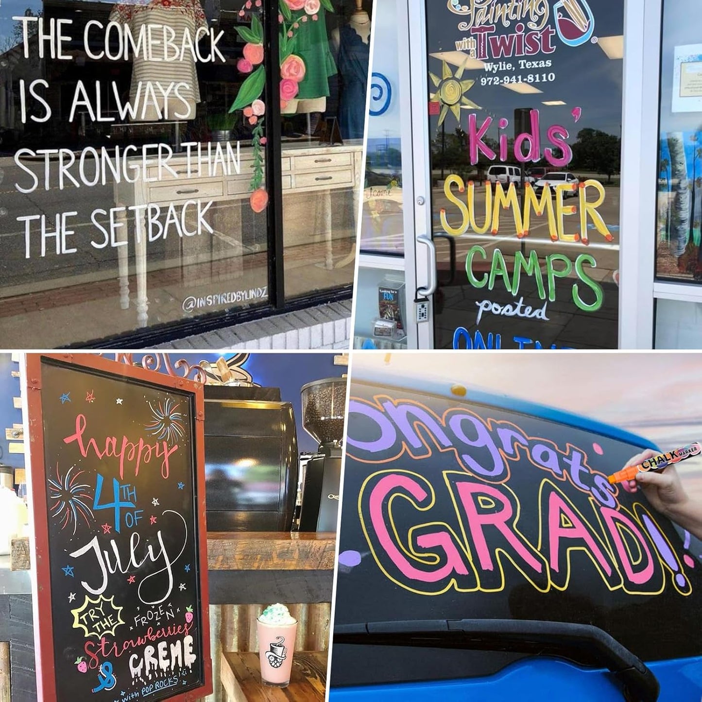 Car Window Markers for Glass Washable –10mm Liquid Chalk Car Paint Pen Wet Erasable, 8 Neon Chalk Markers for Big Chalkboard, Blackboard, Bistro, Glass, Mirrors, Auto Windshield