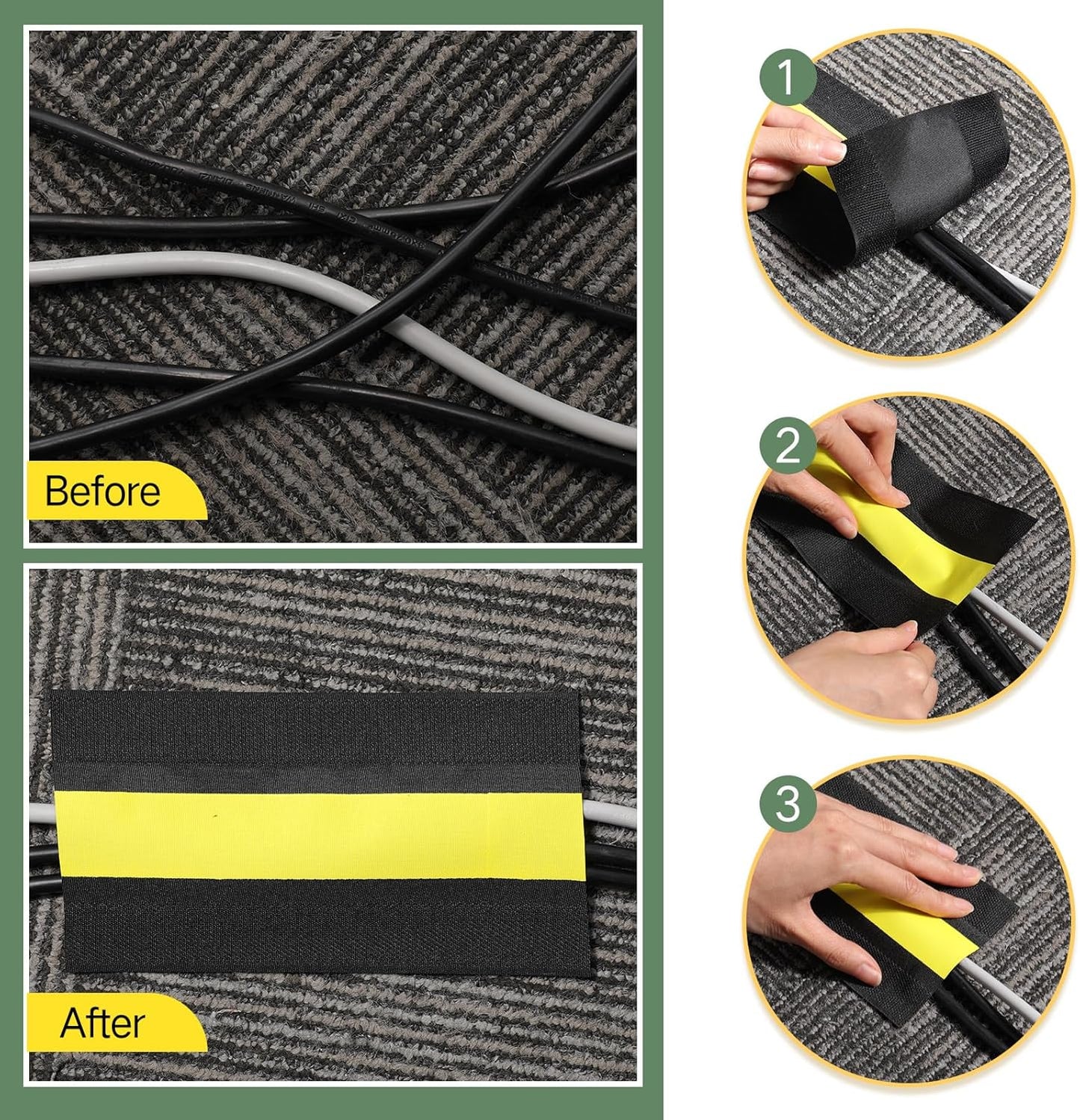 WILLBOND Grip Floor Cable Cover Cords Protector Management Only for Commercial Office Carpet(147.64 ft,Black and Yellow)