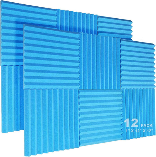 JBER 12 Pack Acoustic Foam Panels, 1" X 12" X 12" Sound Proof Foam Panels for Walls, High Desnsity Studio Soundproofing Wedges - Fire Resistant & Noise Absorbing for Studio, Office, Home (Blue)