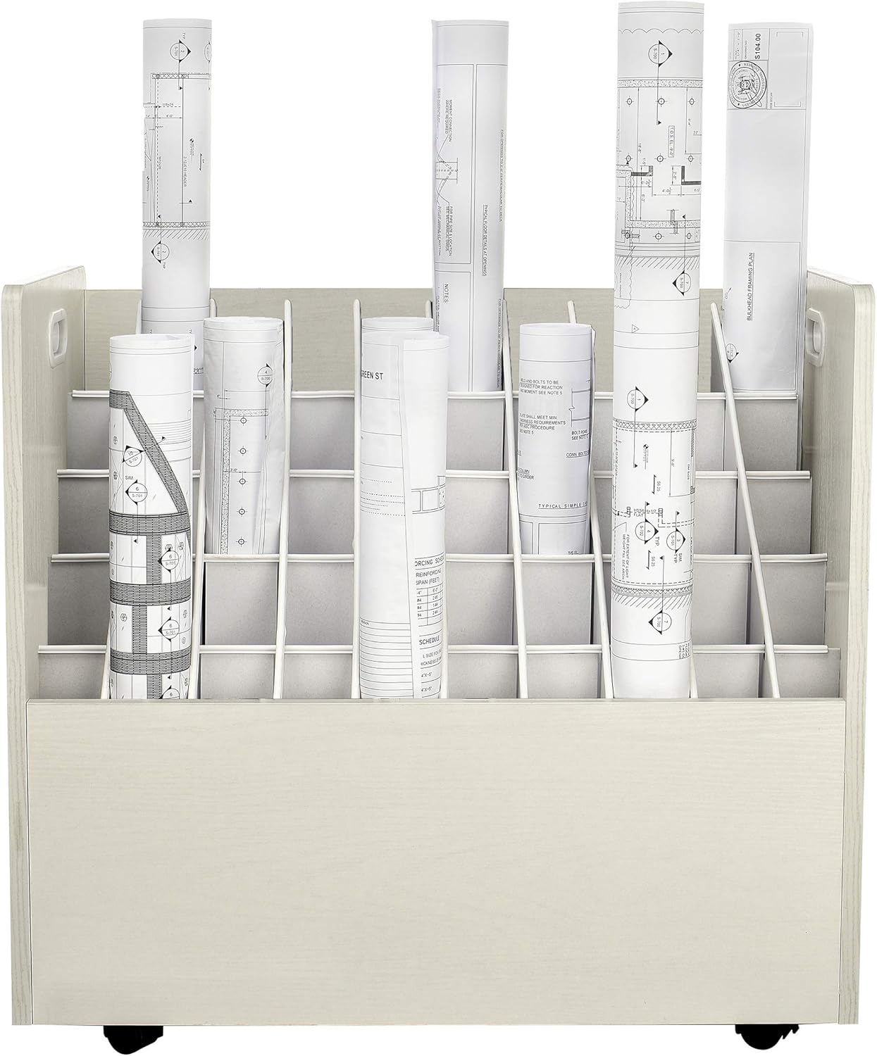 Adir Blue Print Storage Organizer - Mobile Roll File Cart, Construction Plan Holders, Blueprint Cabinet with Wheels, Roll Files Storage for Office and Home (50 Slots, White)