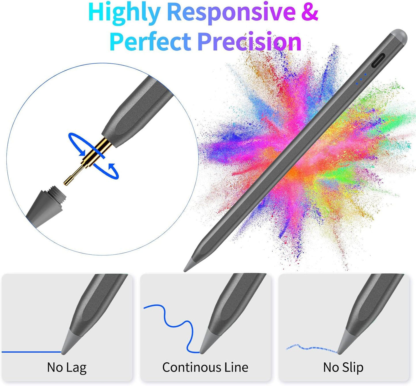 Stylus Pen for iPad, Fast Charging Pencil for Pad with Palm Rejection, Tilt Sensitivity for iPad 6-10, Pro 11"/12.9"/M4, Air 3/4/5/M2, Mini 5/6, Gray