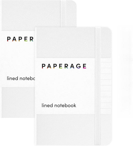 PAPERAGE Lined Pocket Journal Notebook, 2 Pack, (White), 160 Pages, Small Notebook, 3.6 inches x 5.6 inches - 100 GSM Thick Paper, Hardcover