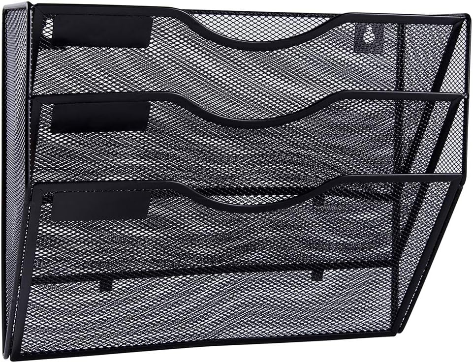 EASEPRES 3 Pocket Mesh Hanging Wall File Organizer, Wall Mounted Mail Paper Document Folder Holder, Clipboard Storage Organization Magazine Rack with Nametag Label for Office Home School, Black