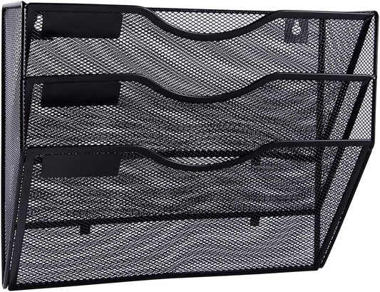 EASEPRES 3 Pocket Mesh Hanging Wall File Organizer, Wall Mounted Mail Paper Document Folder Holder, Clipboard Storage Organization Magazine Rack with Nametag Label for Office Home School, Black