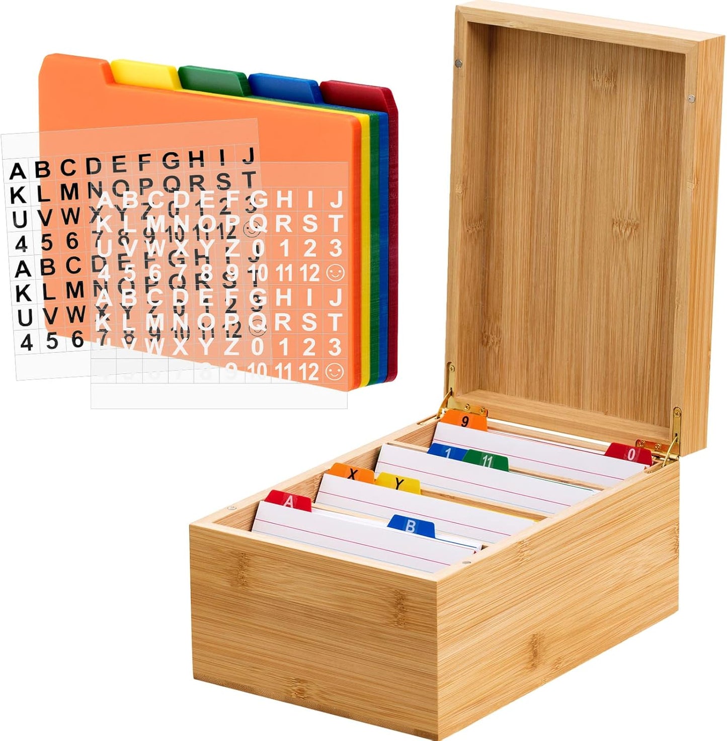 Henoyso 4 x 6 Inches Index Card Holder Set, Bamboo Recipe Box Organizer Index Cards Organizer, 50 Pcs Dividers 2 Sheets Alphabet Number Stickers File Note Holders for Office Business Home Kitchen