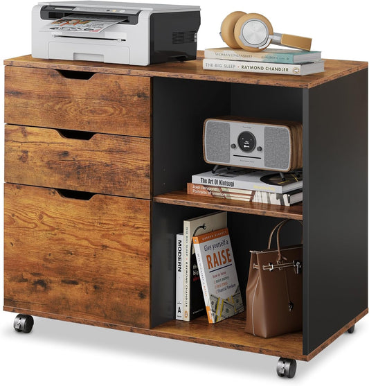 DEVAISE 3-Drawer Wood File Cabinet, Mobile Lateral Filing Cabinet, Printer Stand with Open Storage Shelves for Home Office, Rustic Brown