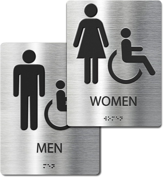 ADA-Mark Modern Restroom Sign for Business - 2PK ADA Compliant Braille Bathroom Sign with Easy Installation - 6" W x 8" H