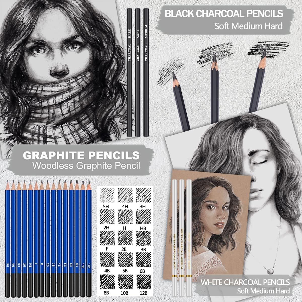 PANDAFLY 80 Pack Drawing Set Sketching Kit, Pro Art Supplies with 3-Color Sketchbook, Watercolor Pad, Colored, Graphite, Charcoal, Metallic Pencil, for Artist Adults Kids Beginner