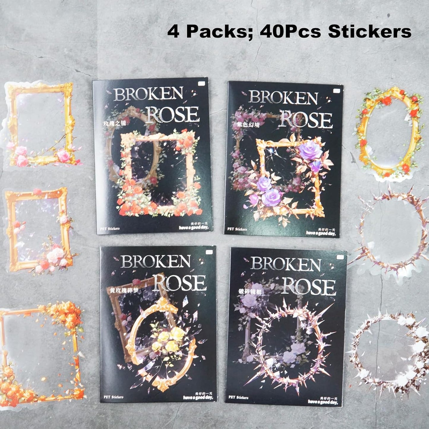 Broken Mirror Frame Stickers Set, 40PCS Gothic Rose PET Scrapbook Supplies for Journaling, DIY Crafts, and Planners