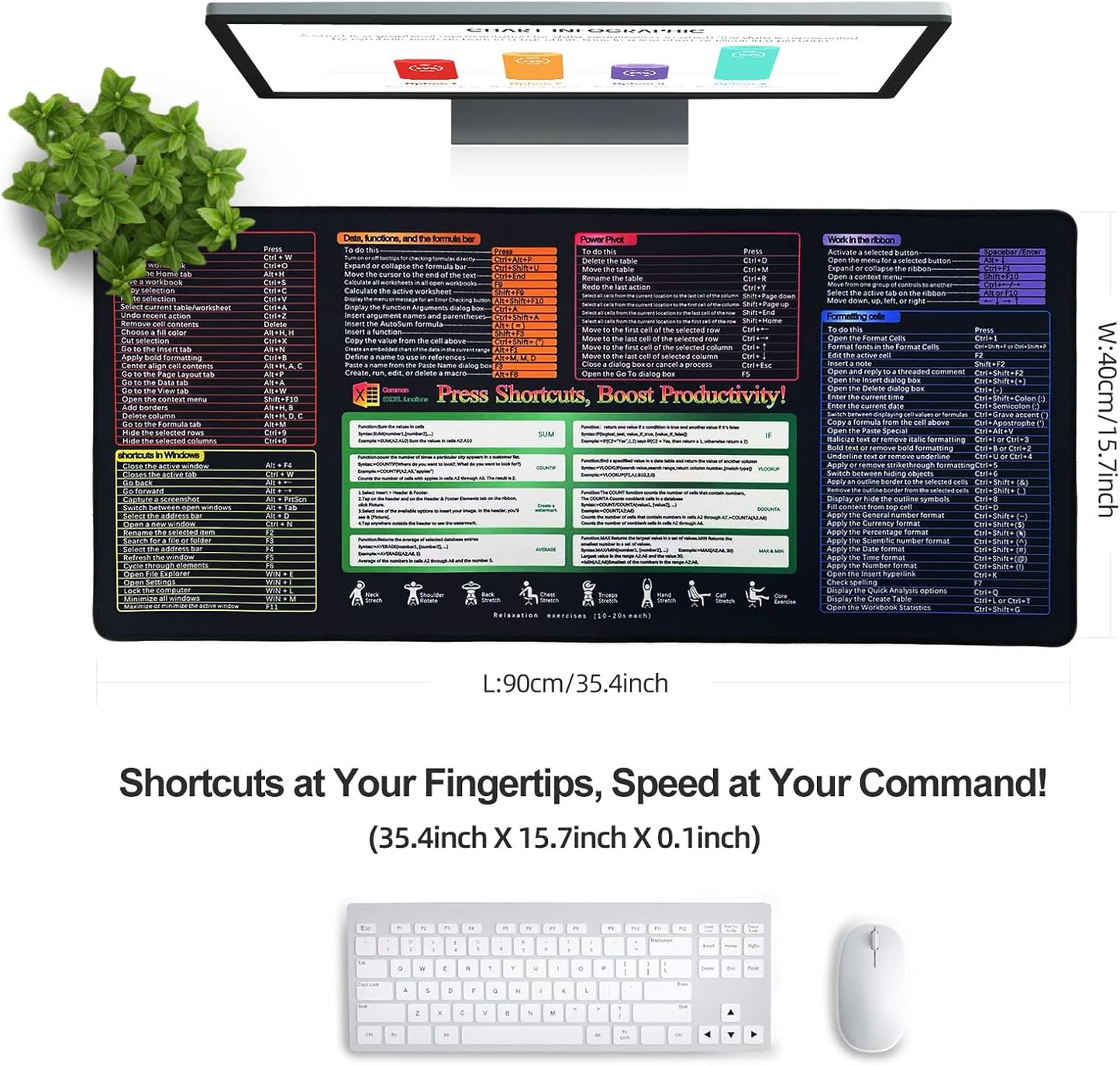 Efficiency Boost Excel Shortcut Keys Mouse Pad - Quick Reference Guide XXL Mouse Pad for Keyboard Shortcuts-90x40 Excelcut