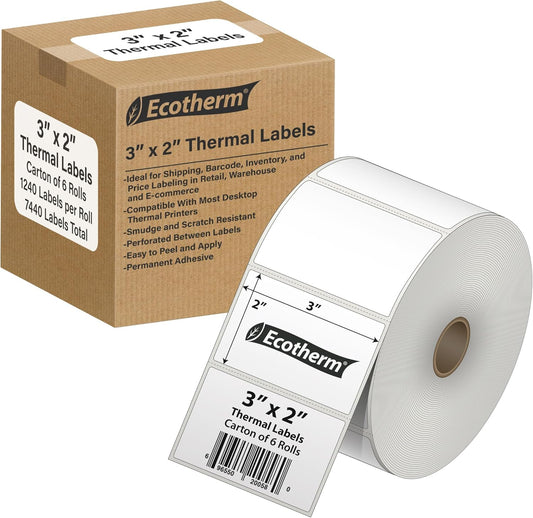 3" x 2" Thermal Labels | 6 Rolls | 7440 Labels | fits Zebra, Munbyn, Rollo, Godex, Arkscan, iDPRT, Offnova Thermal Label Printers and More | Blank White Adhesive Stickers by Ecotherm