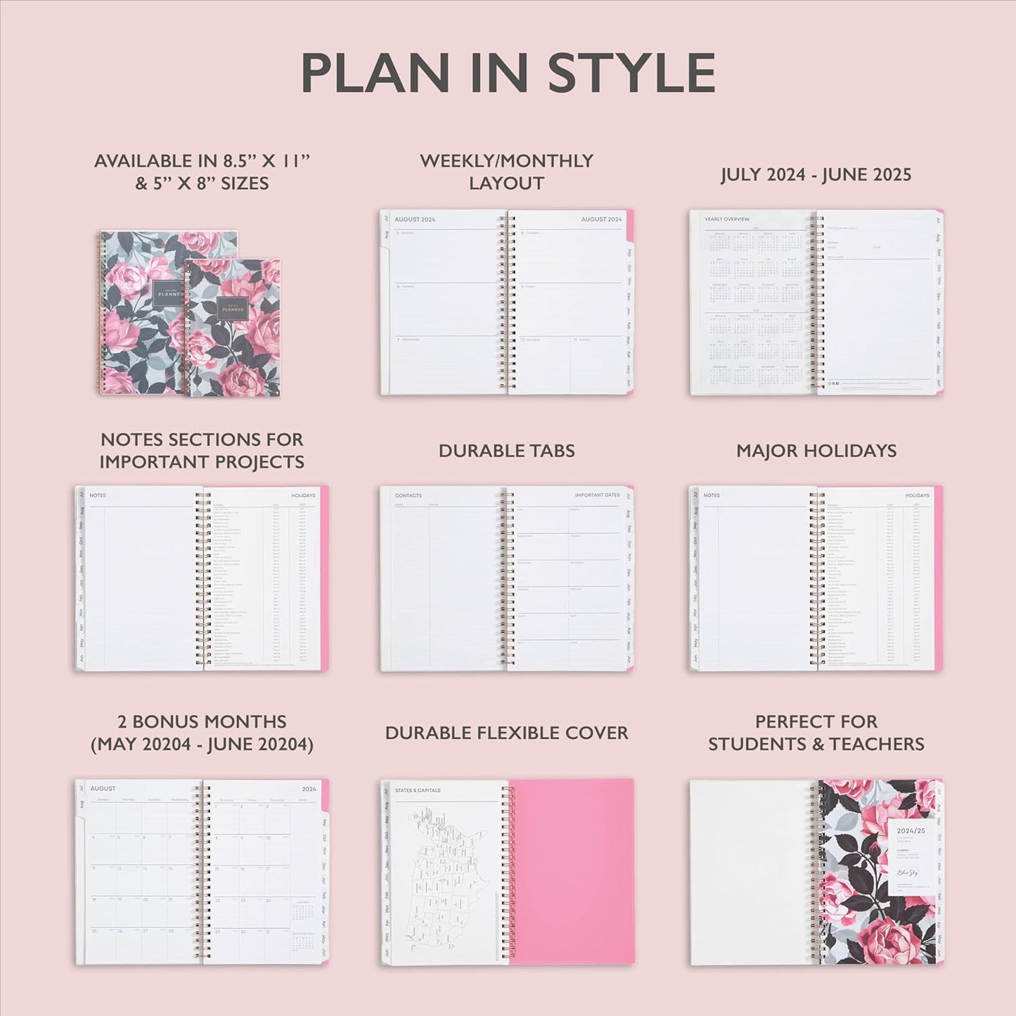 Blue Sky 2024-2025 Academic Year Weekly and Monthly Planner, July 2024 – June 2025, 5" x 8", Frosted Flexible Cover, Wirebound, Roosevelt Pink (150151)