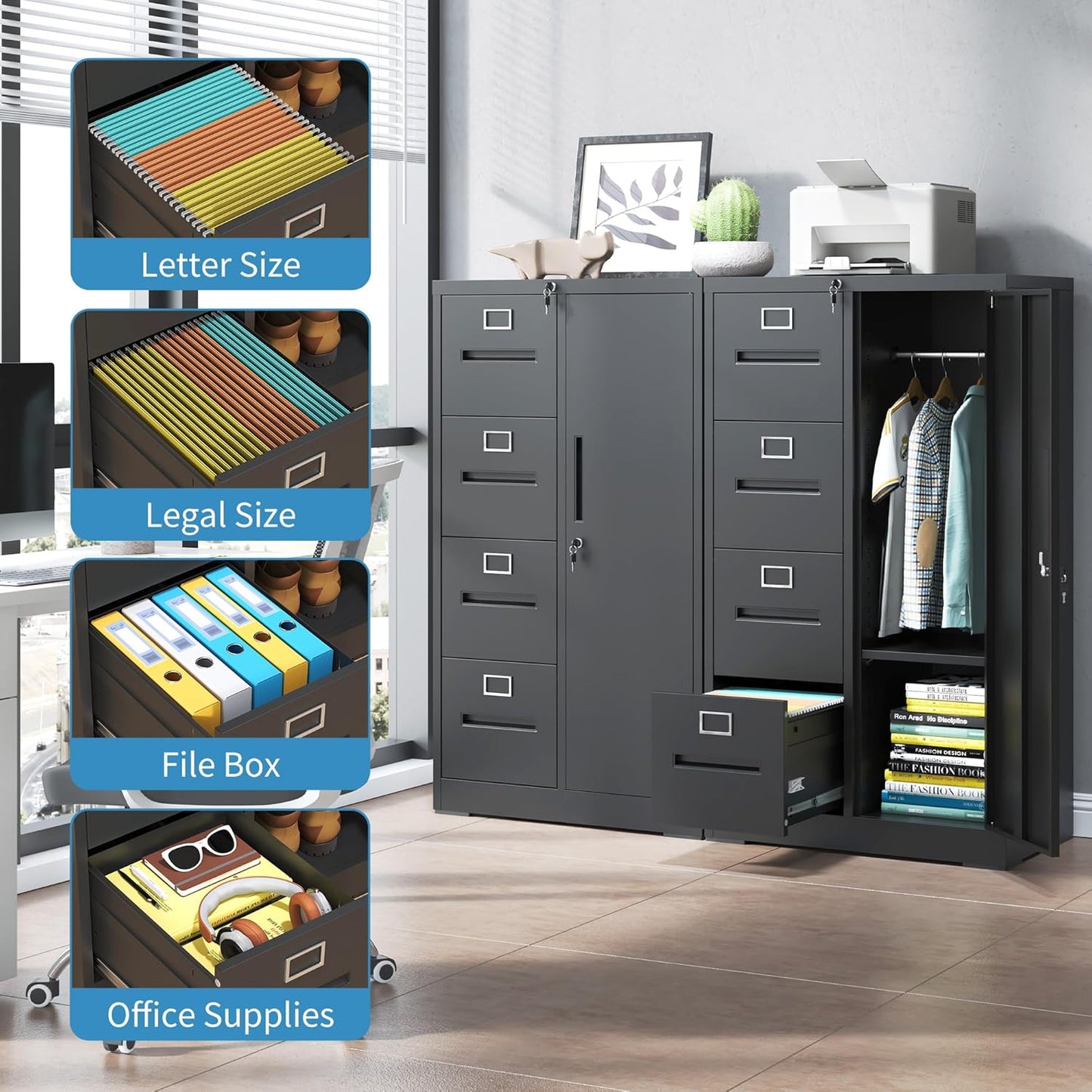 Filing Cabinets with Locks, 4 Drawers Cabinets Storage Units for Home Office, Black File Cabinet for Hanging File Folders Letter/Legal/A4/F4 Size (Easy Assemble)