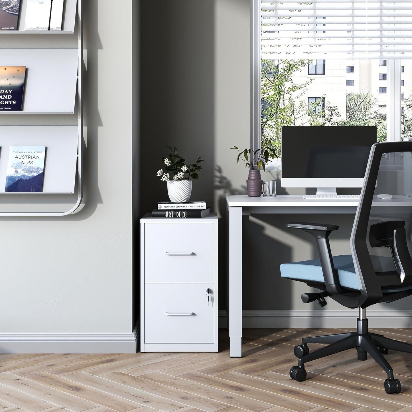 2 Drawer File Cabinet with Lock, Steel Vertical Filing Cabinets for Home Office, Small Metal Storage Cabinet for Hanging Letter Size File Folders, Assembly Required(White)