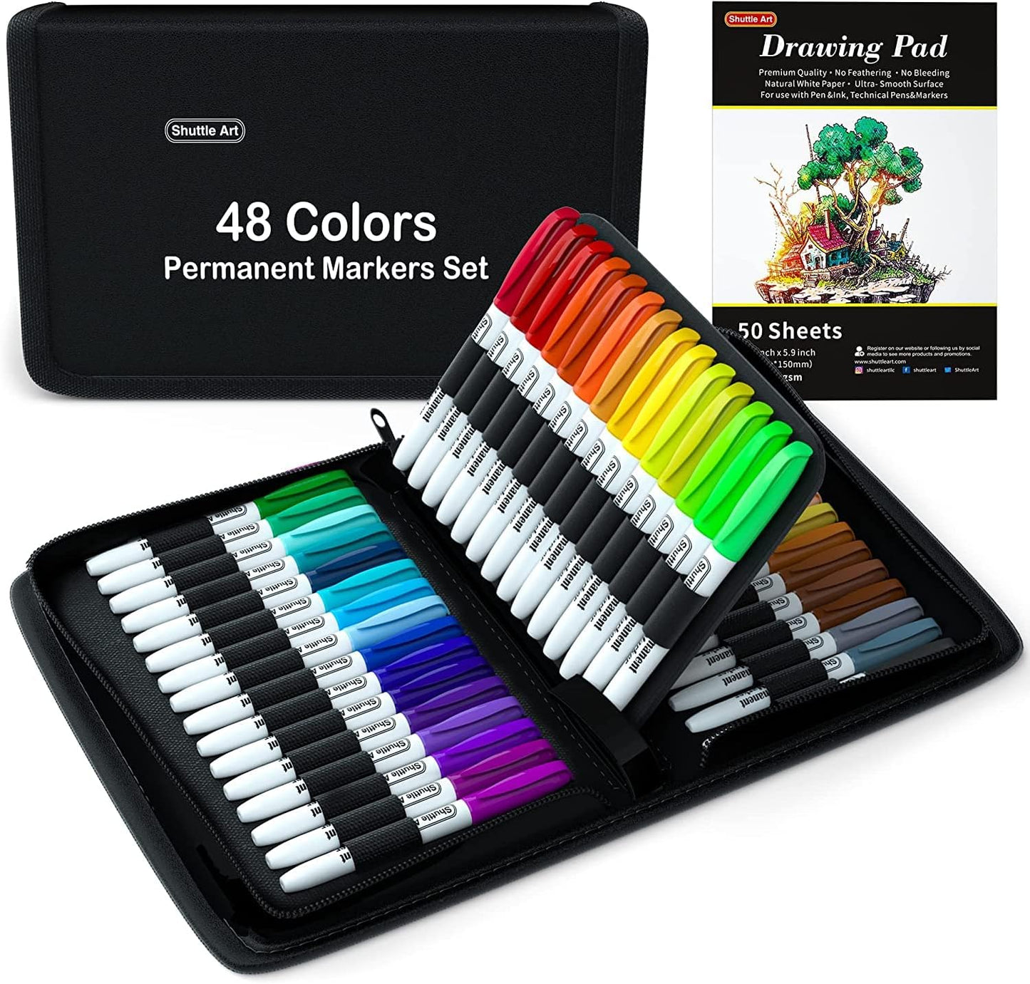 Shuttle Art Permanent Markers, 48 Colors Fine Point, Assorted Colors with Travel Case, Ideal for Adults Coloring Doodling on Plastic, Glass, Wood and Stone, Gift for Kids