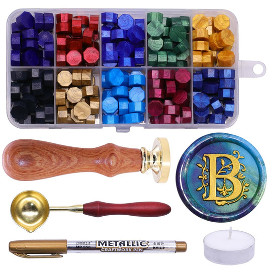 SWANGSA Initial Alphabet B Wax Seal Stamp Kit, Classic Retro Letter Sealing Stamp with 200pcs Sealing Wax Beads Kit for Wedding Invitations Cards Envelopes (B)