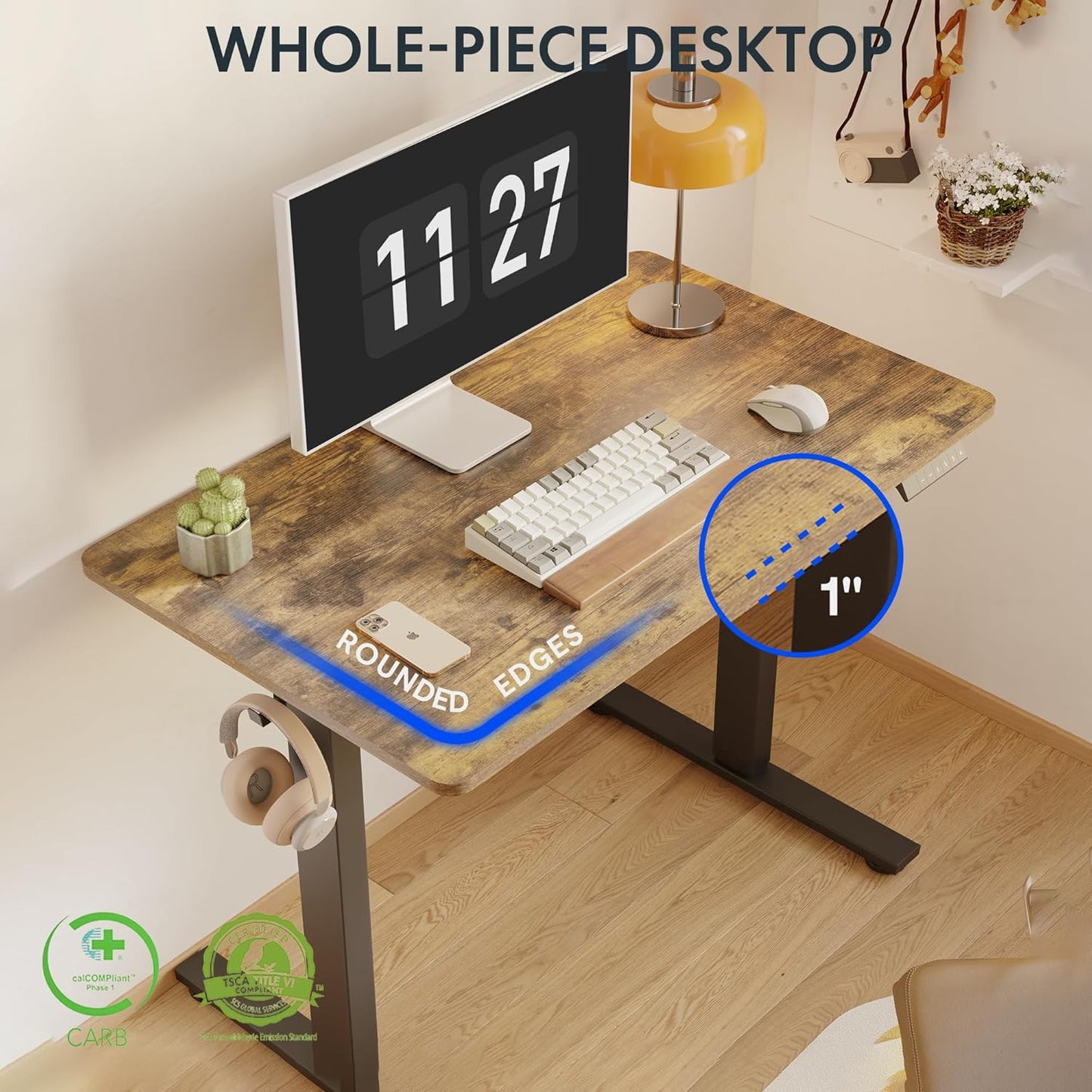 FLEXISPOT One-Piece Electric Standing Desk, 48 x 30 Inches Adjustable Desk with Seamless Desktop, Memory Controller Height Adjustment (Black Frame + Rustic Brown Desktop, 2 Packages)