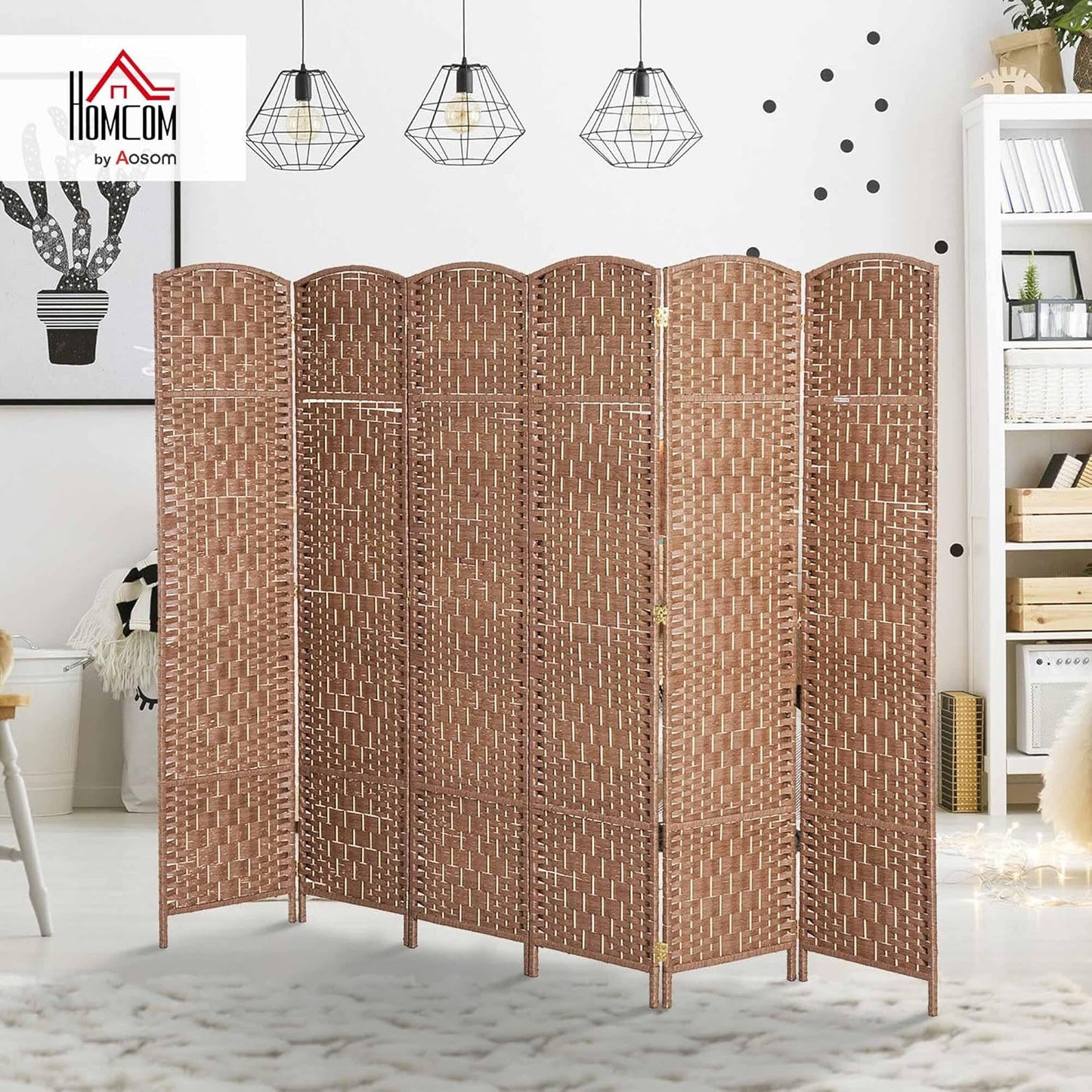 HOMCOM Room Divider, 6 Panel Folding Privacy Screen, 6FT Tall Portable Wicker Weave Partition Wall Divider for Bedroom, Home Office, Natural