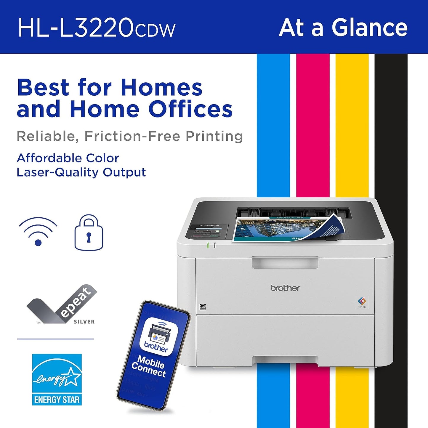 Brother Color Laser Printer with Wireless Printing Fast 19 PPM Output, Duplex Feature, Mobile Device Compatible, 250-Sheet Paper Tray for Professional Home Office Printing (HL-L3220CDW)