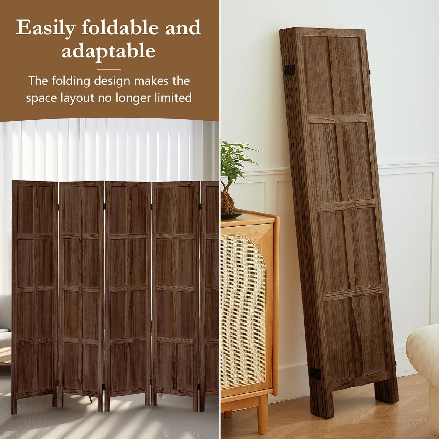 6 Panel Room Divider, 5.6Ft Wood Room Dividers and Folding Privacy Screens, Room Divider Wall Freestanding Room Partitions, Room Dividers Screen for Home Office Restaurant Bedroom, Dark Brown