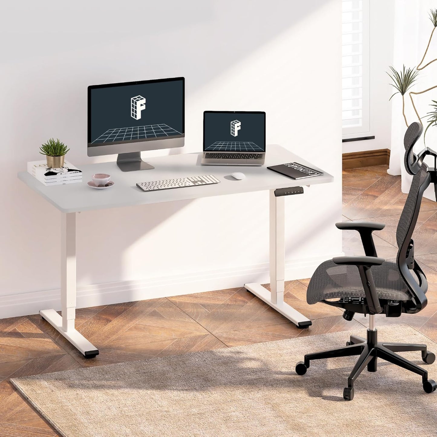 FLEXISPOT E6 Essential 3 Stages Dual Motor Electric Standing Desk 48x30 Inch Whole-Piece Board Height Adjustable Electric Sit Stand Desk(White Frame + White Desktop, 2 Packages)
