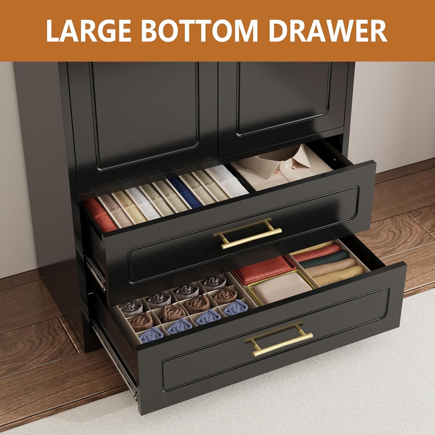 Metal Armoire Wardrobe Closet with Two Drawers, 71" Tall Large Wardrobe Cabinet with Hanging Rod, Clothing Storage Cabinet with Doors and Shelves for Bedroom, Black, Assemble Required