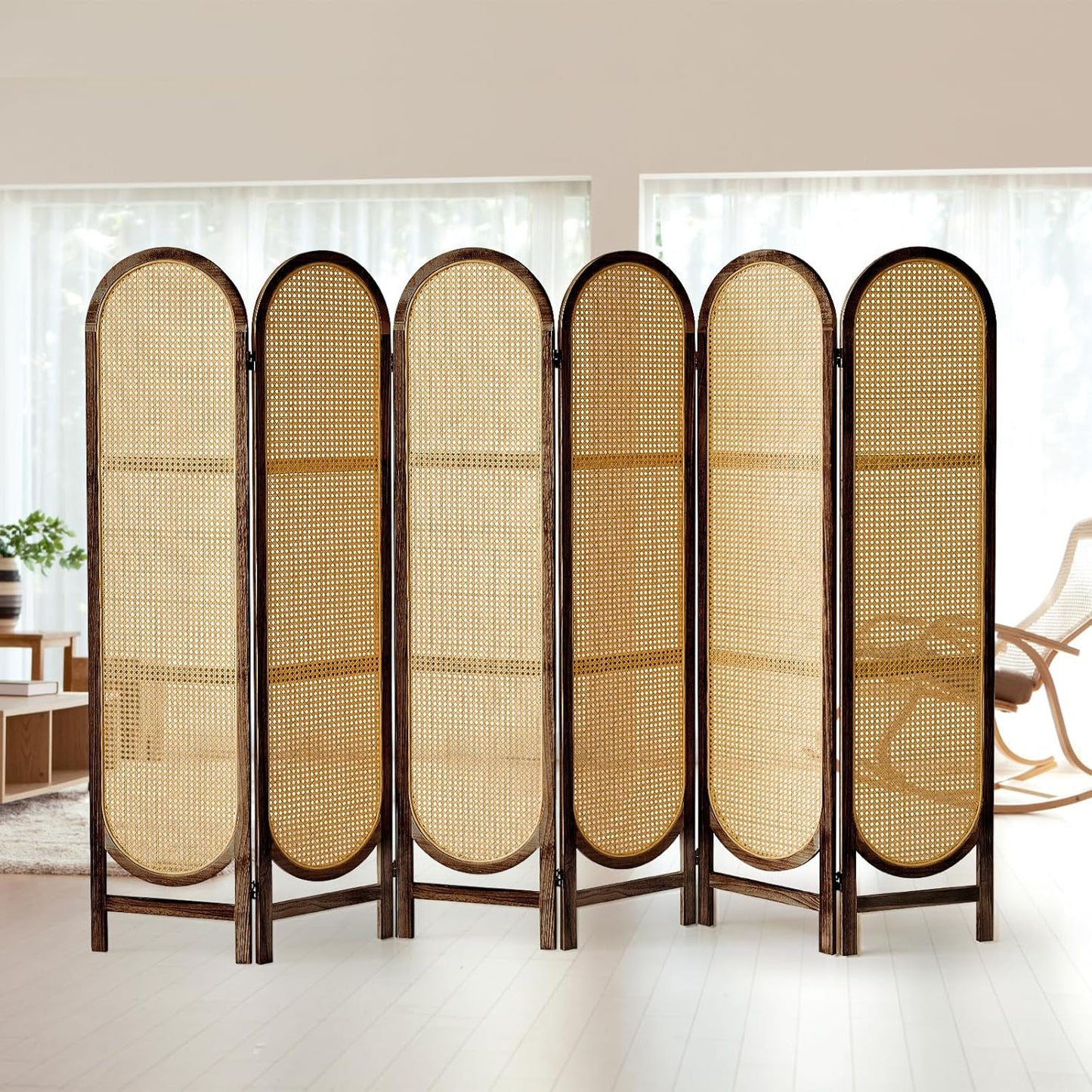 6 Panels Room Dividers and Hand-Woven Rattan Room Divider Wall, Wood Room Divider Folding Privacy Screens for Home Office Bedroom, Brown