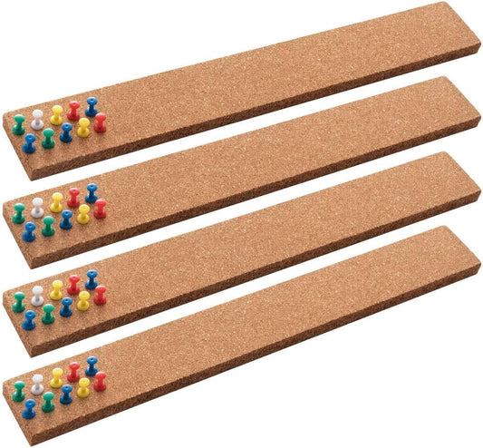 HBlife Cork Board Bulletin Board Bar Strip 15x2 Inch - 1/2 Inch Thick, Frameless Cork Board Strips with 50 Multi-Color Push Pins, Strong Self Adhesive Backing - 4 Pack
