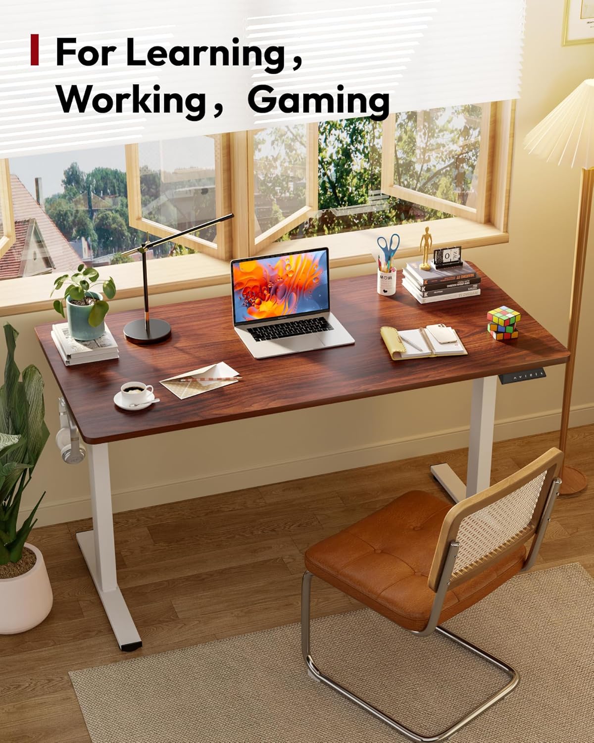 SANODESK Electric Standing Desk 55 x 28 Inches Whole-Piece Desktop Height Adjustable Stand Up Desk w/6-Button Controller Ergonomic Computer Desk for Home Office, White Frame + Mahogany Tabletop